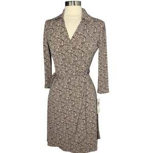 London Times Black Cream Geometric Wrap Dress Womens 10P NWT Career